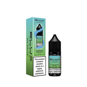 A pack of 10x 10ml Elux Legend Nic Salt E-Liquid bottles in Blueberry Bubblegum flavor with nicotine strength options of 10mg and 20mg, displayed in a box with branding and product information.