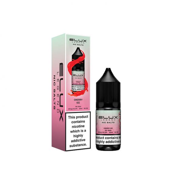 A pack of 10x 10ml Elux Legend Nic Salt E-Liquid bottles with Cherry Ice flavor, showing the box and a bottle in front, with warning labels about nicotine content.
