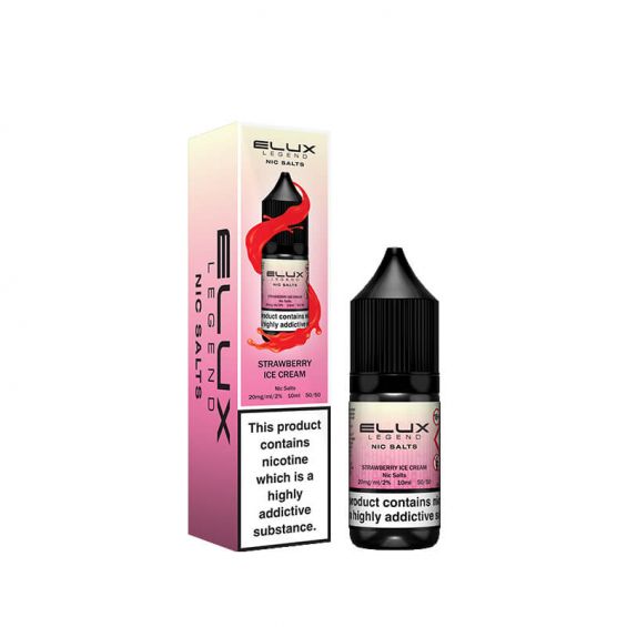 A pack of 10x 10ml Elux Legend Nic Salt E-Liquid bottles in Strawberry Ice Cream flavor, with nicotine strengths of 10mg and 20mg, displayed in a box with branding and product information.