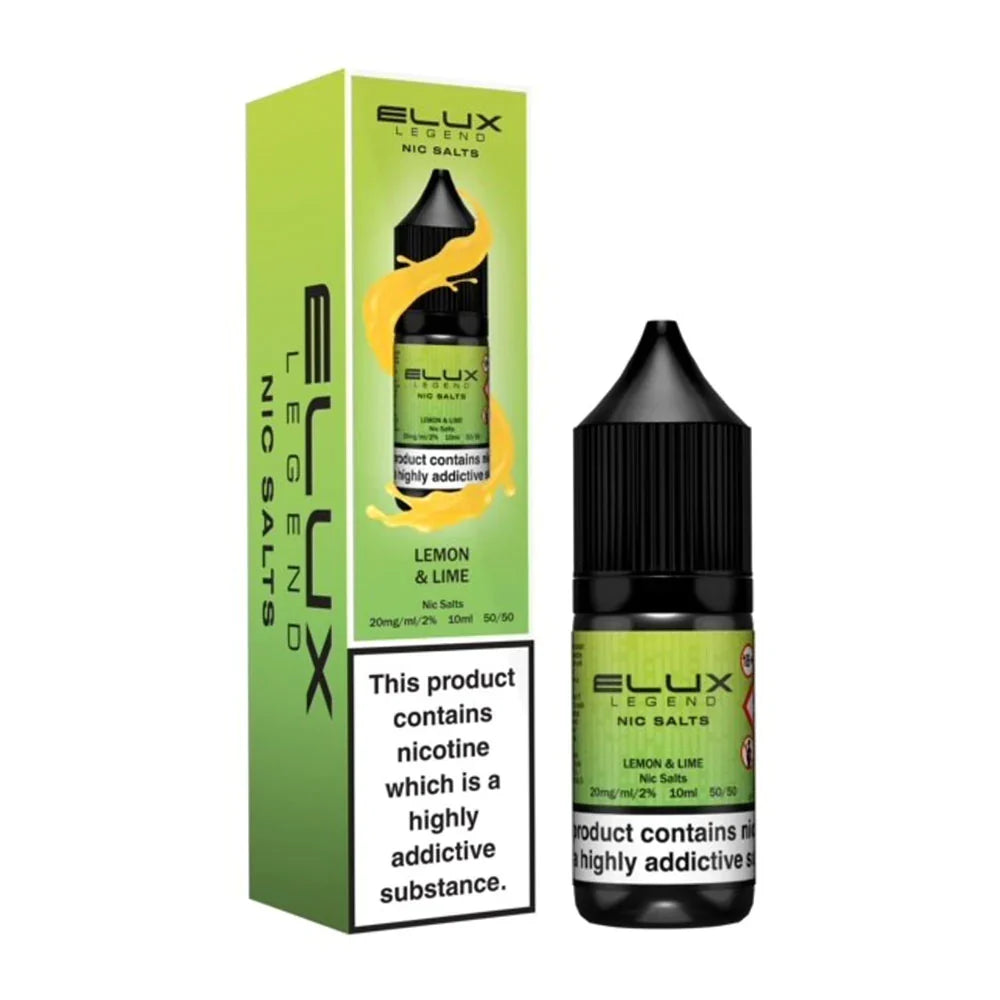Pack of ten 10ml bottles of Elux Legend Nic Salt E-Liquid in Lemon Lime flavor, 50/50 VG/PG blend for balanced flavor and vapor, available in 10mg and 20mg nicotine strengths, perfect for pod systems.
