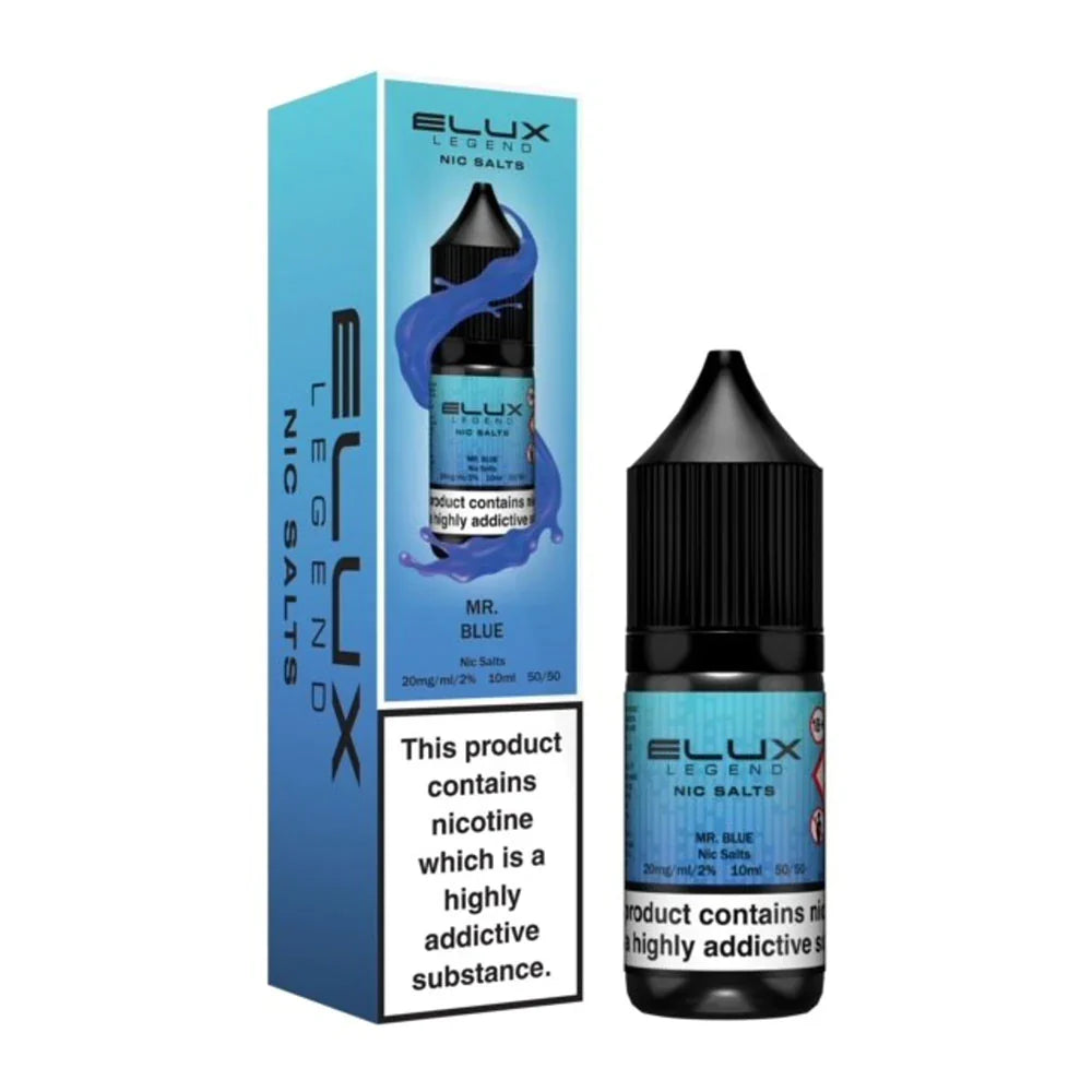 Pack of ten 10ml bottles of Elux Legend Nic Salt E-Liquid in Mr Blue flavor, 50/50 VG/PG blend for balanced flavor and vapor, available in 10mg and 20mg nicotine strengths, perfect for pod systems.