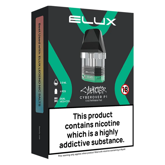 Elux Cyberover P1 Pods – 2ml side-fill, leak-resistant, magnetic fit for smooth flavor & reliable vaping.