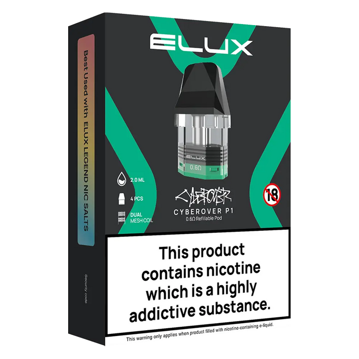 Elux Cyberover P1 Pods – 2ml side-fill, leak-resistant, magnetic fit for smooth flavor & reliable vaping.