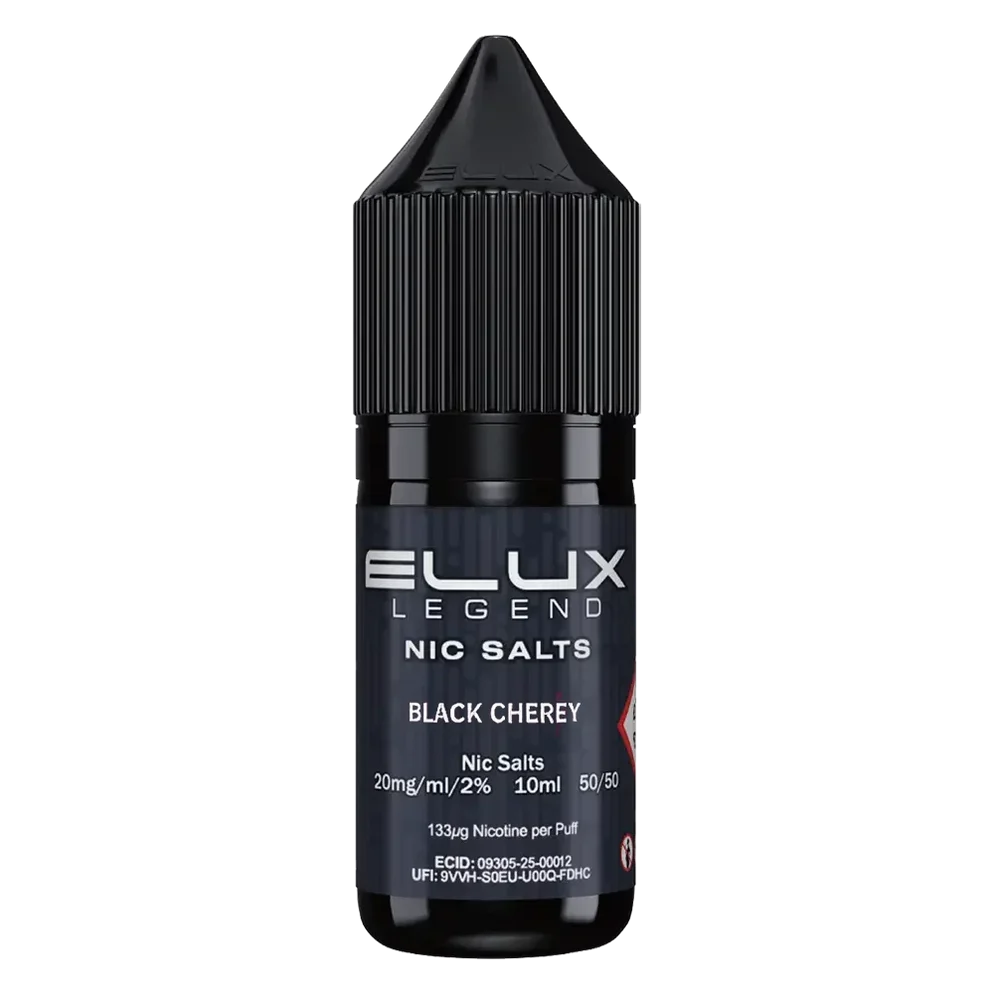 Elux Legend Nic Salt 10ml E-Liquid in black cherry Flavor, a smooth 50/50 VG/PG nicotine salt e-liquid available in 10mg and 20mg strengths.