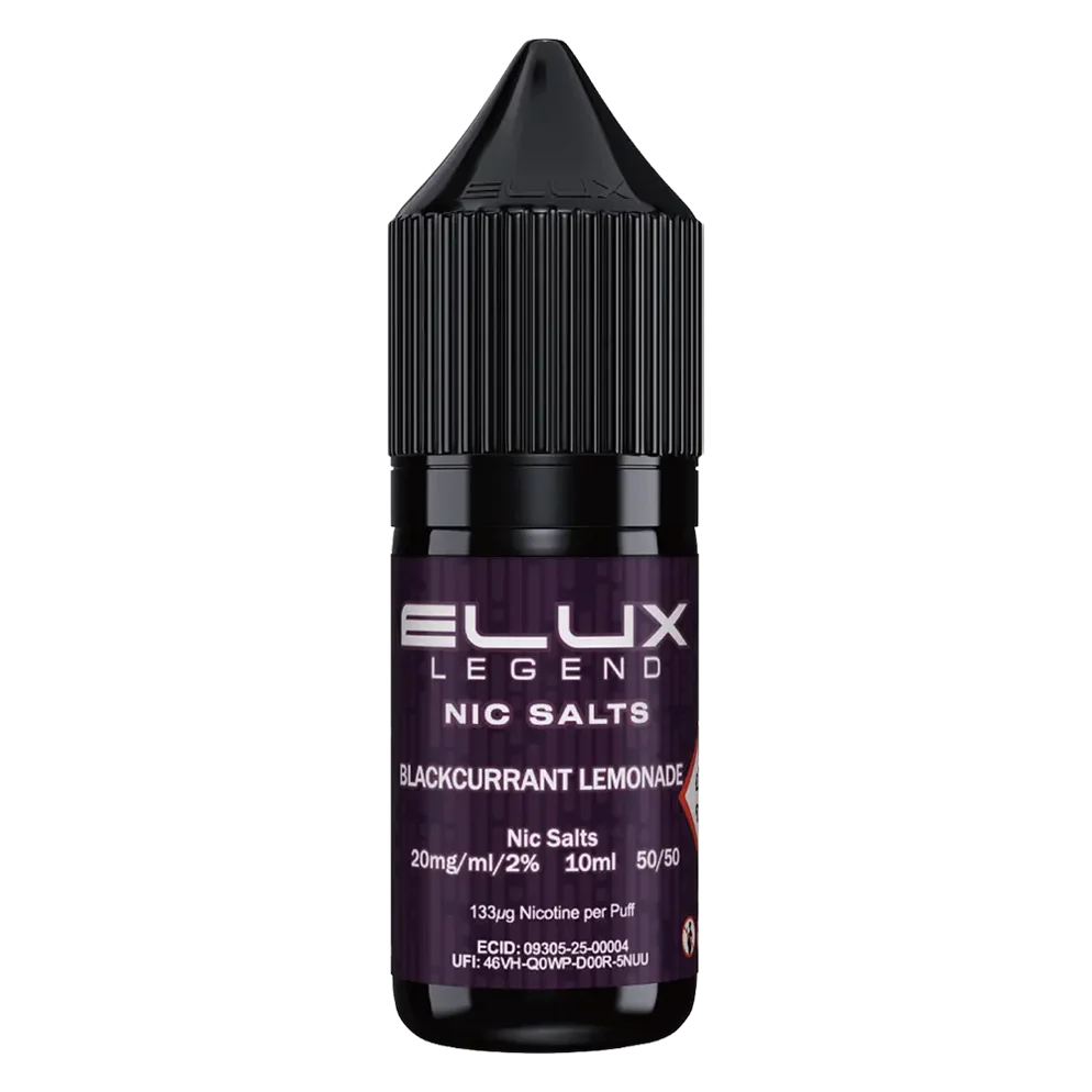 Elux Legend Nic Salt 10ml E-Liquid in Blackcurrant Lemonade Flavor, a smooth 50/50 VG/PG nicotine salt e-liquid available in 10mg and 20mg strengths.