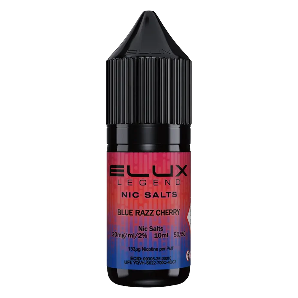 Elux Legend Nic Salt 10ml E-Liquid in Blue Razz Cherry Flavor, a smooth 50/50 VG/PG nicotine salt e-liquid available in 10mg and 20mg strengths.