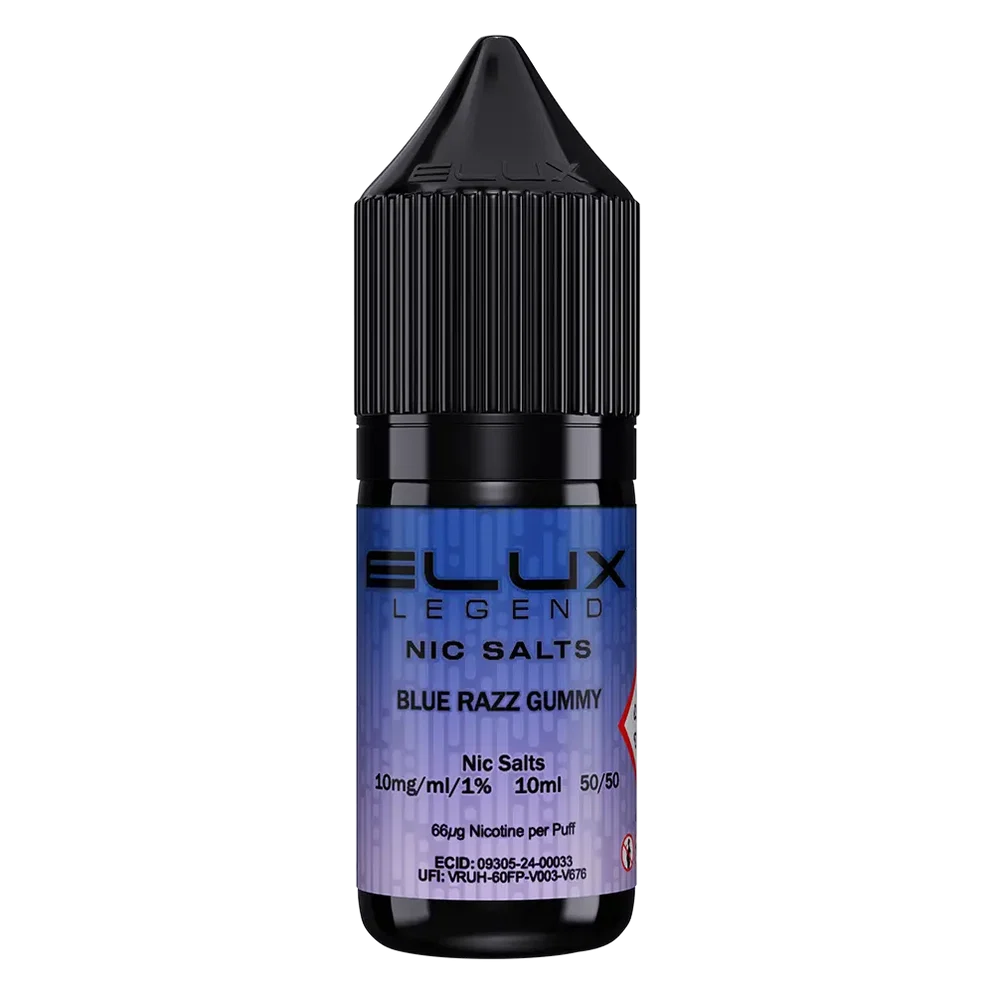 Elux Legend Nic Salt 10ml E-Liquid in Blue Razz Gummy Flavor, a smooth 50/50 VG/PG nicotine salt e-liquid available in 10mg and 20mg strengths.