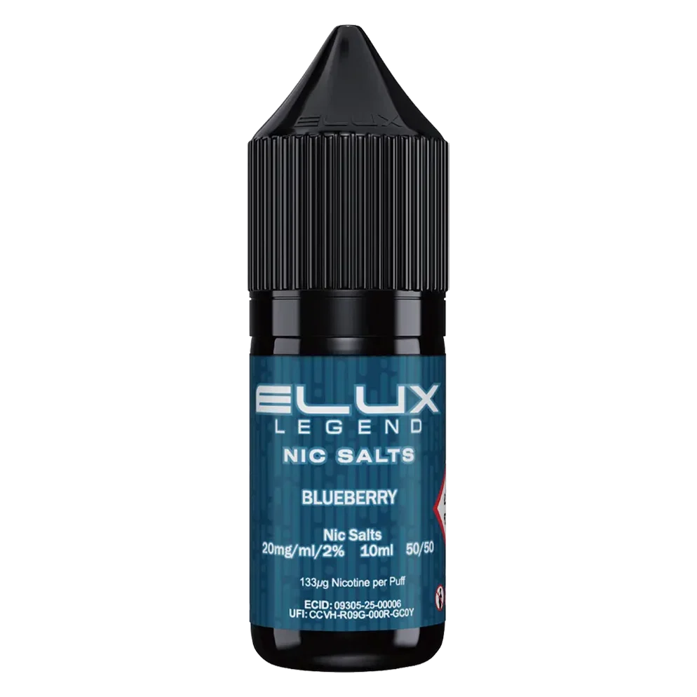 Elux Legend Nic Salt 10ml E-Liquid in Blueberry Flavor, a smooth 50/50 VG/PG nicotine salt e-liquid available in 10mg and 20mg strengths.