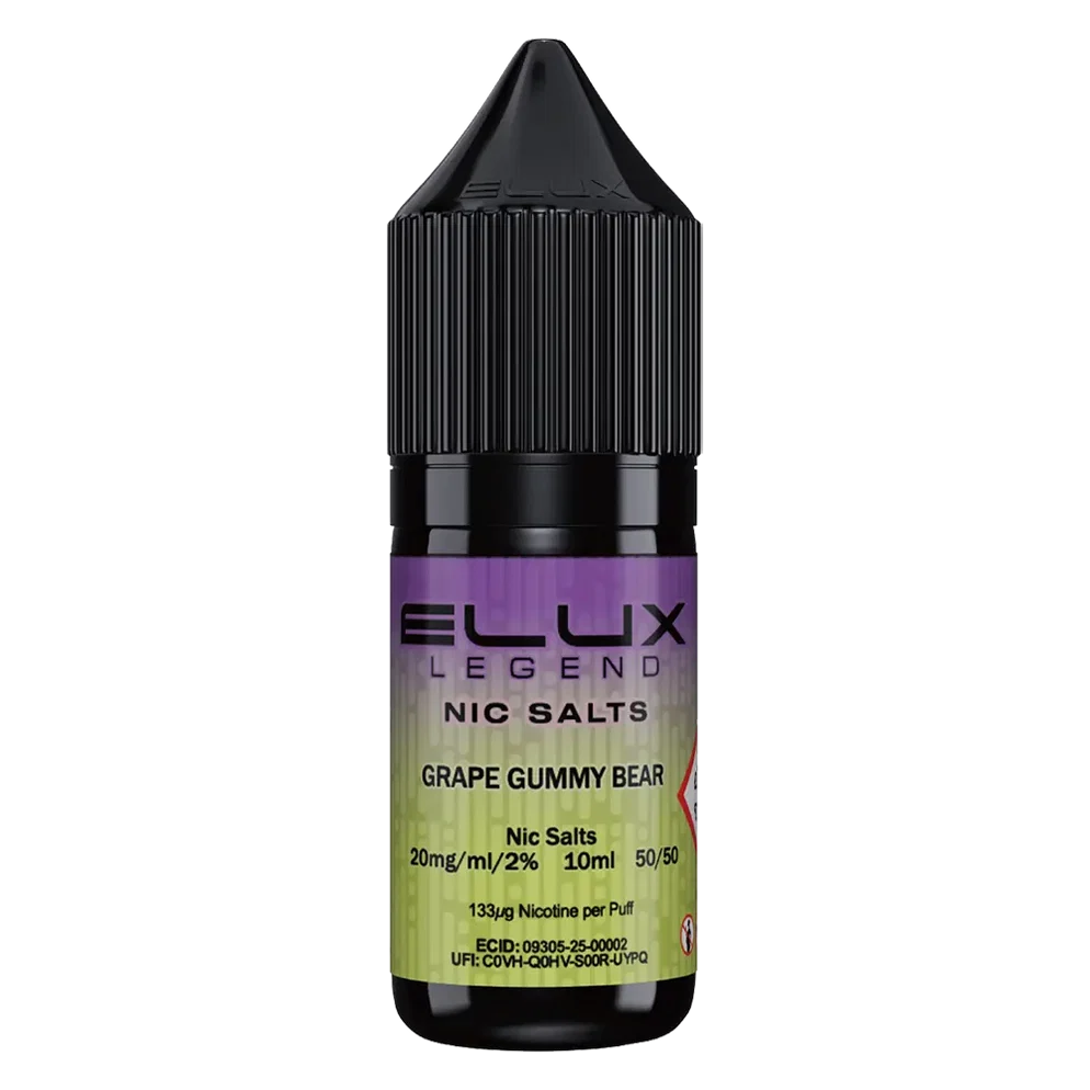 Elux Legend Nic Salt 10ml E-Liquid in Grape Gummy Bear Flavor, a smooth 50/50 VG/PG nicotine salt e-liquid available in 10mg and 20mg strengths.