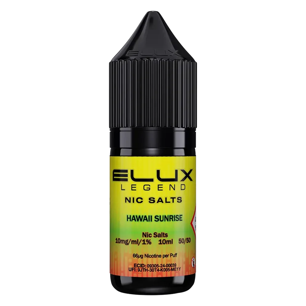 Elux Legend Nic Salt 10ml E-Liquid in Hawaii Sunrise Flavor, a smooth 50/50 VG/PG nicotine salt e-liquid available in 10mg and 20mg strengths.