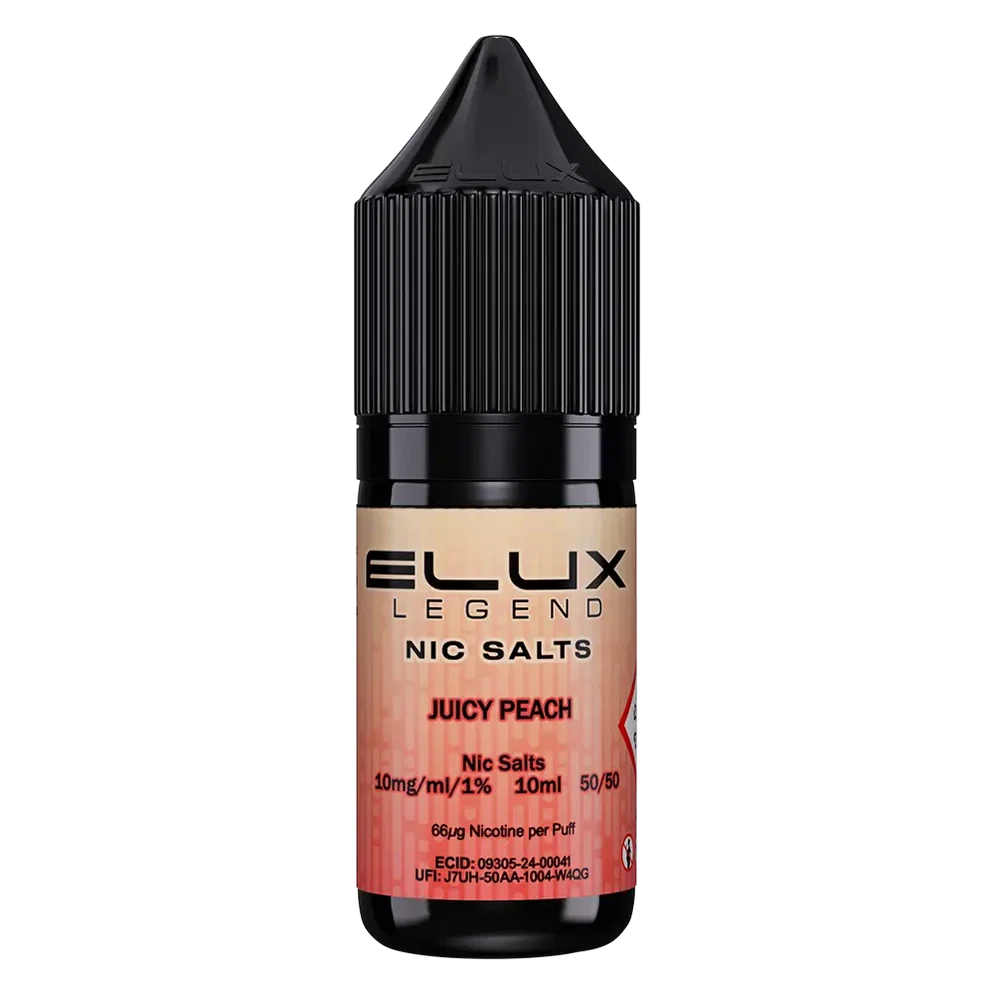 Elux Legend Nic Salt 10ml E-Liquid in Juicy Peach Flavor, a smooth 50/50 VG/PG nicotine salt e-liquid available in 10mg and 20mg strengths.