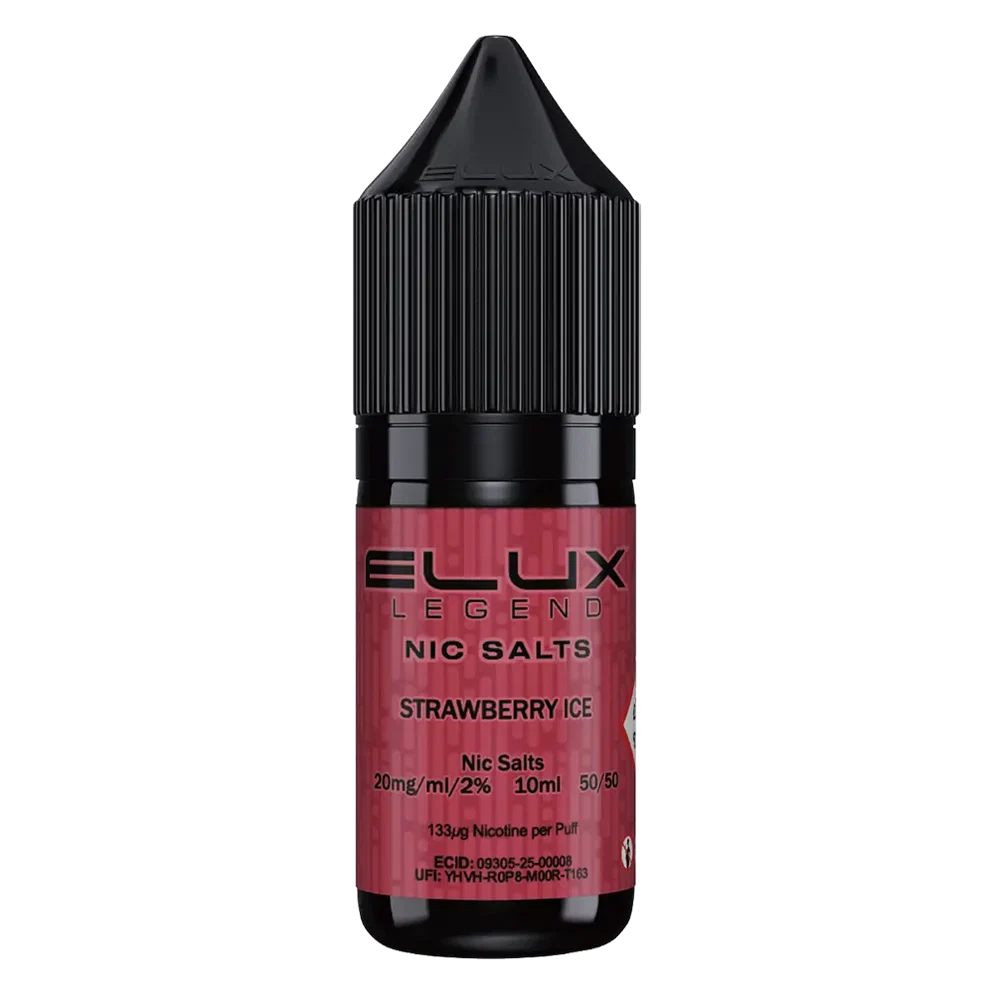 Elux Legend Nic Salt 10ml E-Liquid in Strawberry Ice Flavor, a smooth 50/50 VG/PG nicotine salt e-liquid available in 10mg and 20mg strengths.