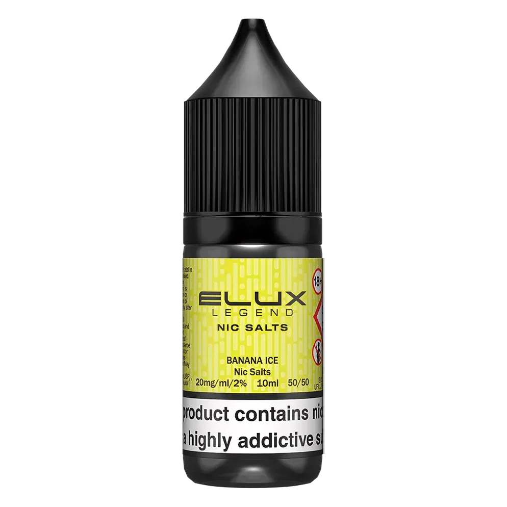 Elux Legend Nic Salt 10ml E-Liquid in banana ice Flavor, a smooth 50/50 VG/PG nicotine salt e-liquid available in 10mg and 20mg strengths.