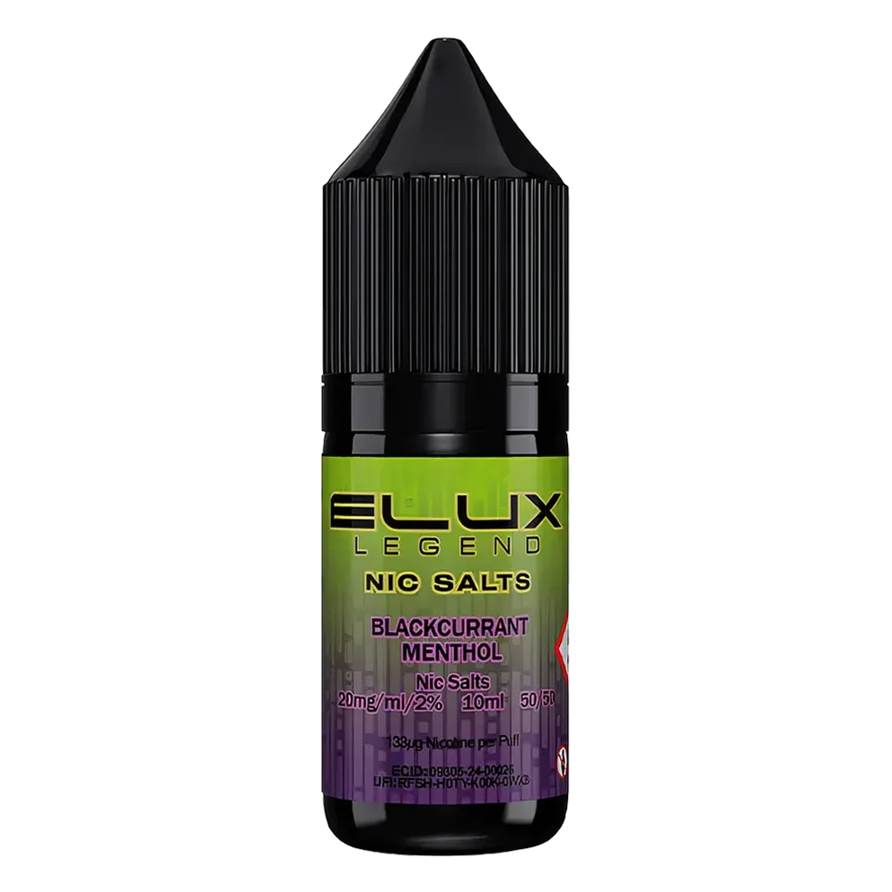 Elux Legend Nic Salt 10ml E-Liquid in blackcurrant menthol Flavor, a smooth 50/50 VG/PG nicotine salt e-liquid available in 10mg and 20mg strengths.
