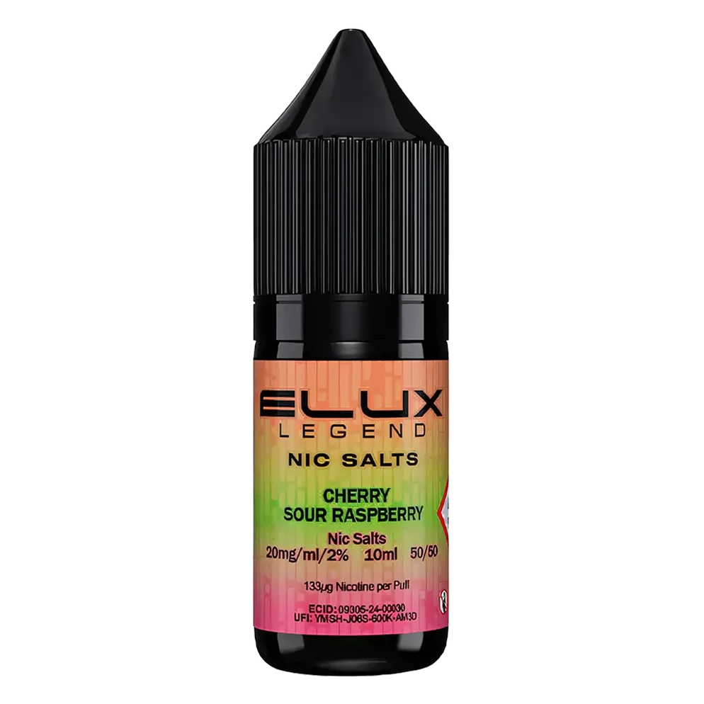 Elux Legend Nic Salt 10ml E-Liquid in cherry sour raspberry Flavor, a smooth 50/50 VG/PG nicotine salt e-liquid available in 10mg and 20mg strengths.