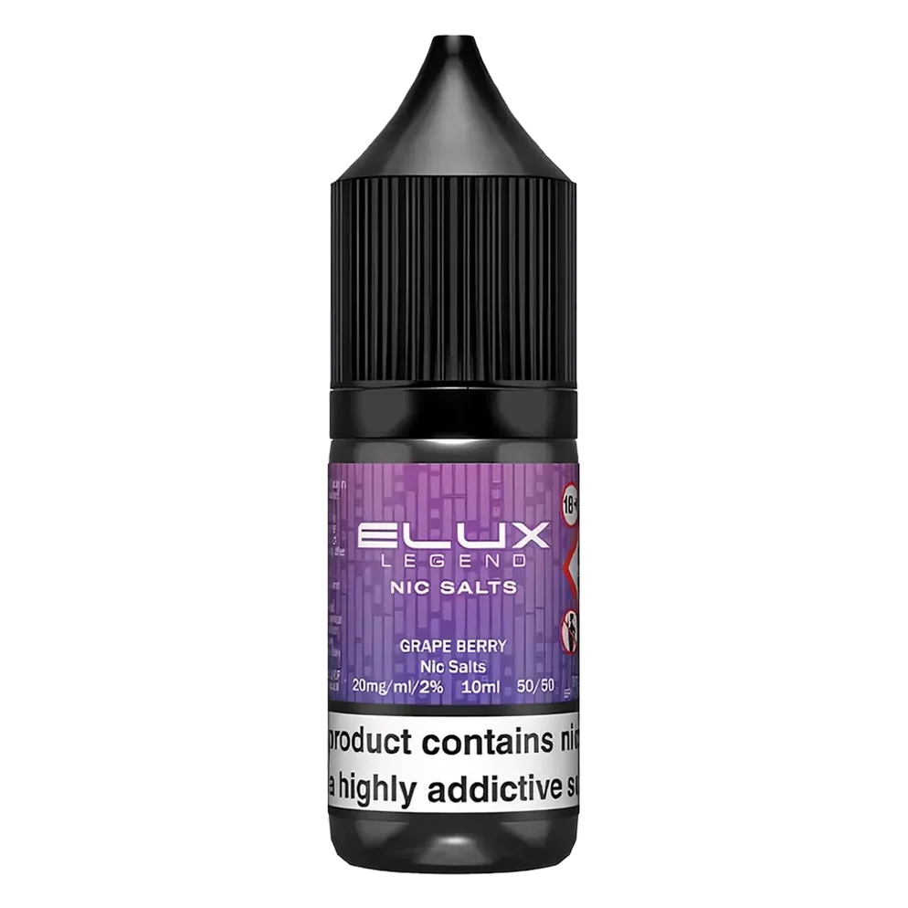 Elux Legend Nic Salt 10ml E-Liquid in grape berry Flavor, a smooth 50/50 VG/PG nicotine salt e-liquid available in 10mg and 20mg strengths.