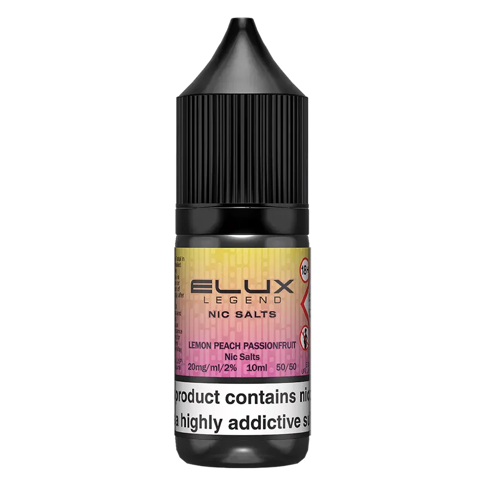 Elux Legend Nic Salt 10ml E-Liquid in lemon peach passion fruit Flavor, a smooth 50/50 VG/PG nicotine salt e-liquid available in 10mg and 20mg strengths.