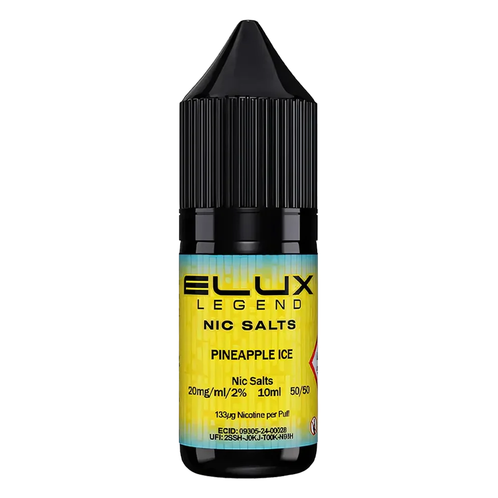 Elux Legend Nic Salt 10ml E-Liquid in pineapple ice Flavor, a smooth 50/50 VG/PG nicotine salt e-liquid available in 10mg and 20mg strengths.