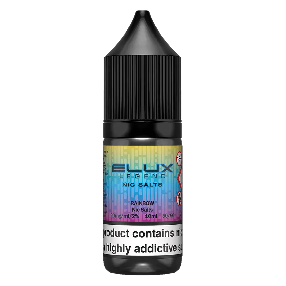 Elux Legend Nic Salt 10ml E-Liquid in rainbow Flavor, a smooth 50/50 VG/PG nicotine salt e-liquid available in 10mg and 20mg strengths.