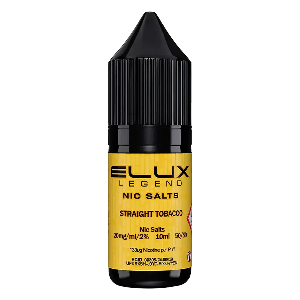 Elux Legend Nic Salt 10ml E-Liquid in straight tobacco Flavor, a smooth 50/50 VG/PG nicotine salt e-liquid available in 10mg and 20mg strengths.