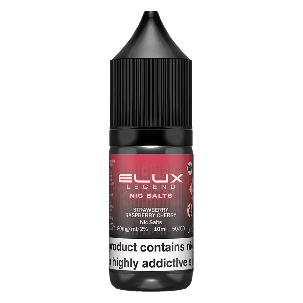 Elux Legend Nic Salt 10ml E-Liquid in strawberry raspberry cherry Flavor, a smooth 50/50 VG/PG nicotine salt e-liquid available in 10mg and 20mg strengths.