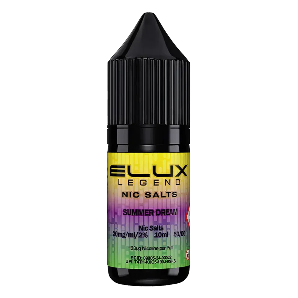 Elux Legend Nic Salt 10ml E-Liquid in summer dream Flavor, a smooth 50/50 VG/PG nicotine salt e-liquid available in 10mg and 20mg strengths.