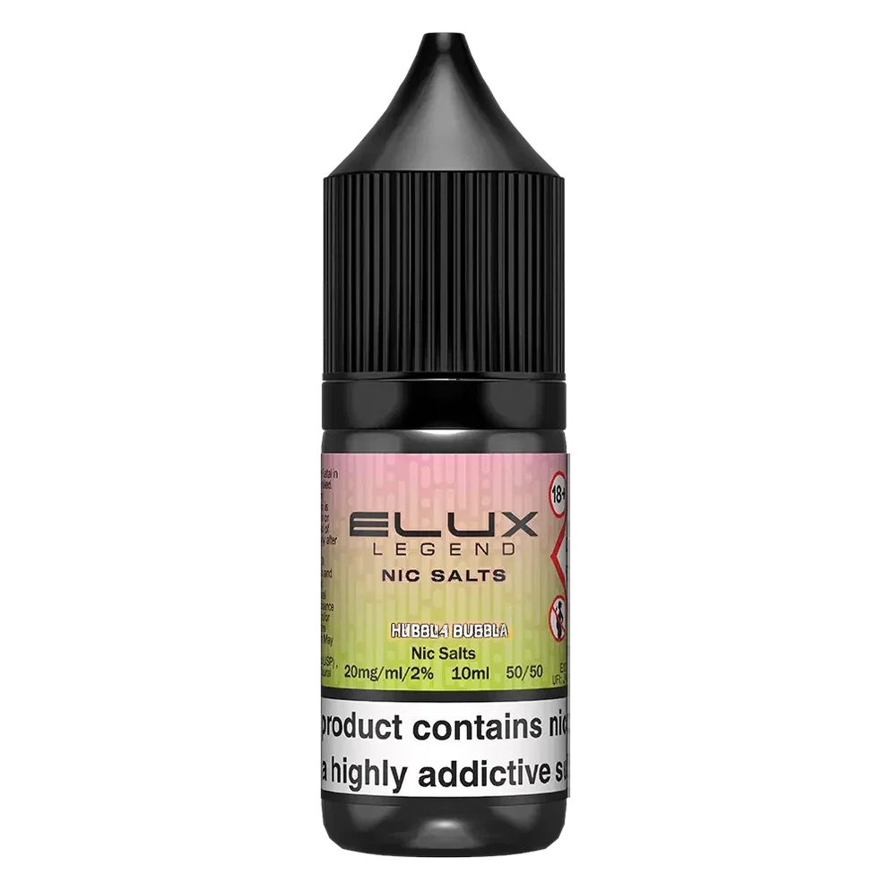 Elux Legend Nic Salt 10ml E-Liquid in hubbla bubbla Flavor, a smooth 50/50 VG/PG nicotine salt e-liquid available in 10mg and 20mg strengths.