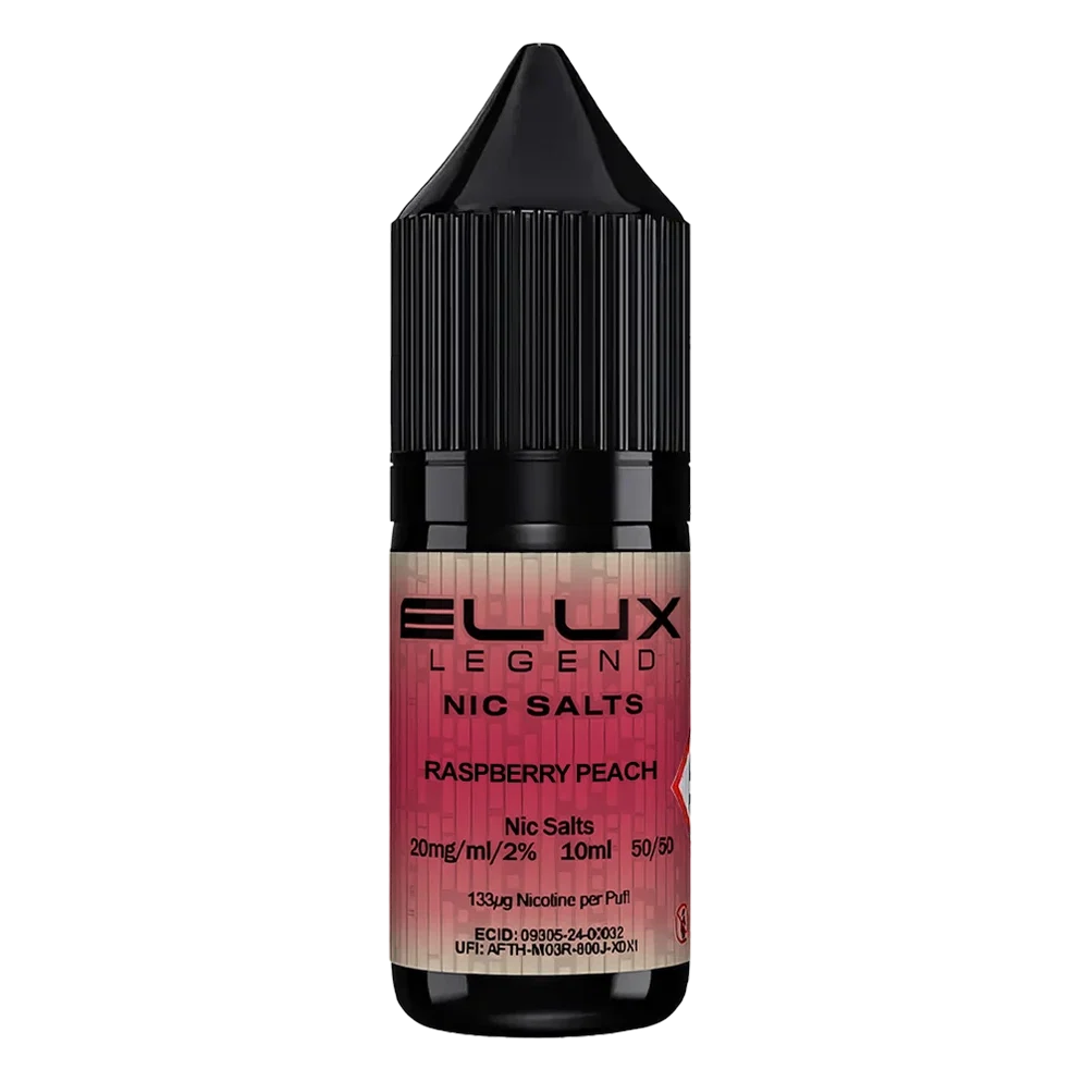 Elux Legend Nic Salt 10ml E-Liquid in raspberry peach Flavor, a smooth 50/50 VG/PG nicotine salt e-liquid available in 10mg and 20mg strengths.