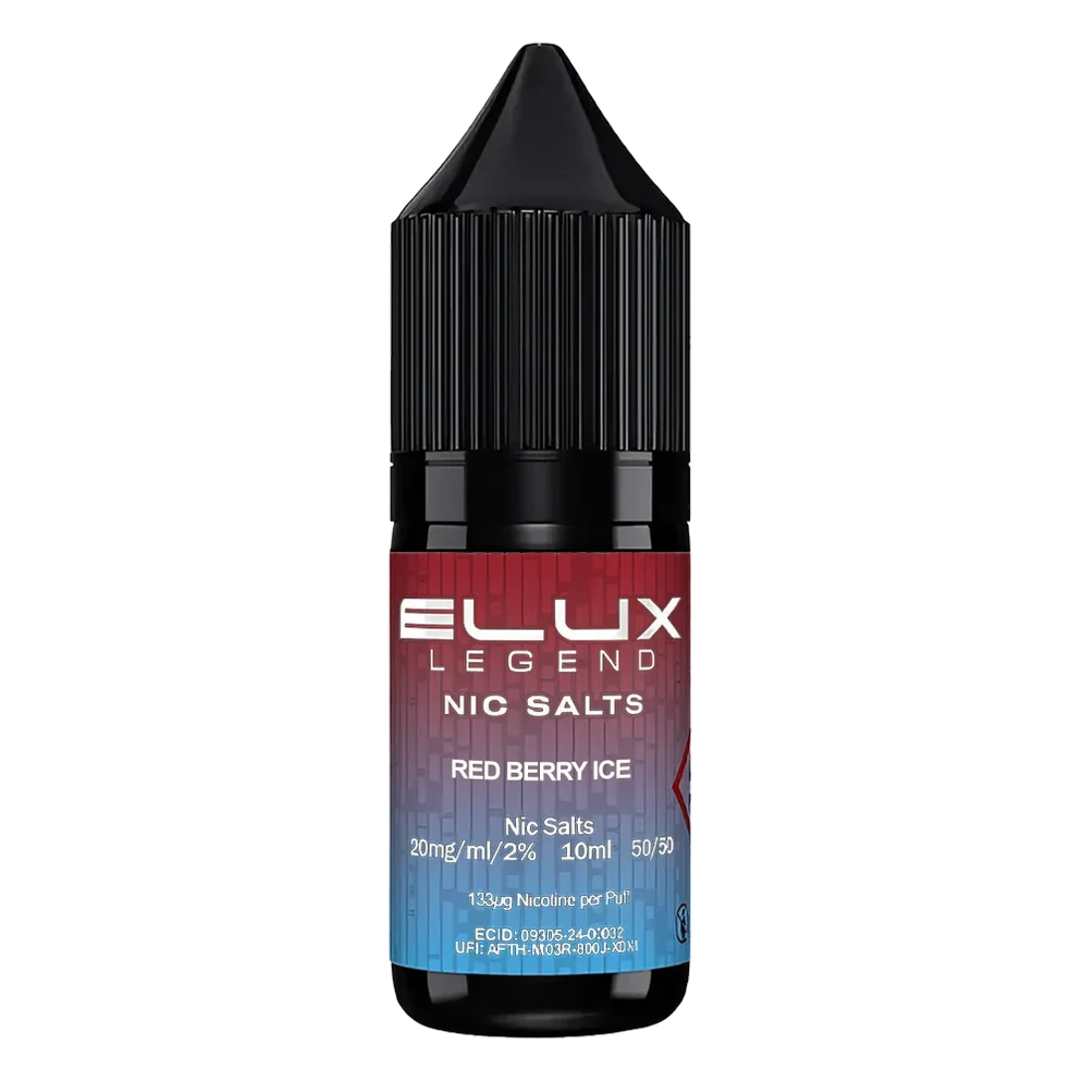 Elux Legend Nic Salt 10ml E-Liquid in red berry ice Flavor, a smooth 50/50 VG/PG nicotine salt e-liquid available in 10mg and 20mg strengths.