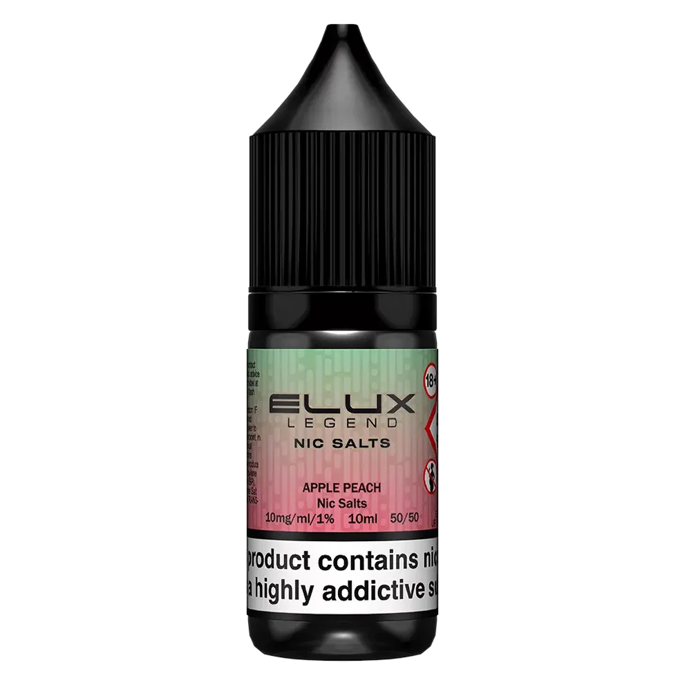 Elux Legend Nic Salt 10ml E-Liquid in APPLE PEACH Flavor, a smooth 50/50 VG/PG nicotine salt e-liquid available in 10mg and 20mg strengths.
