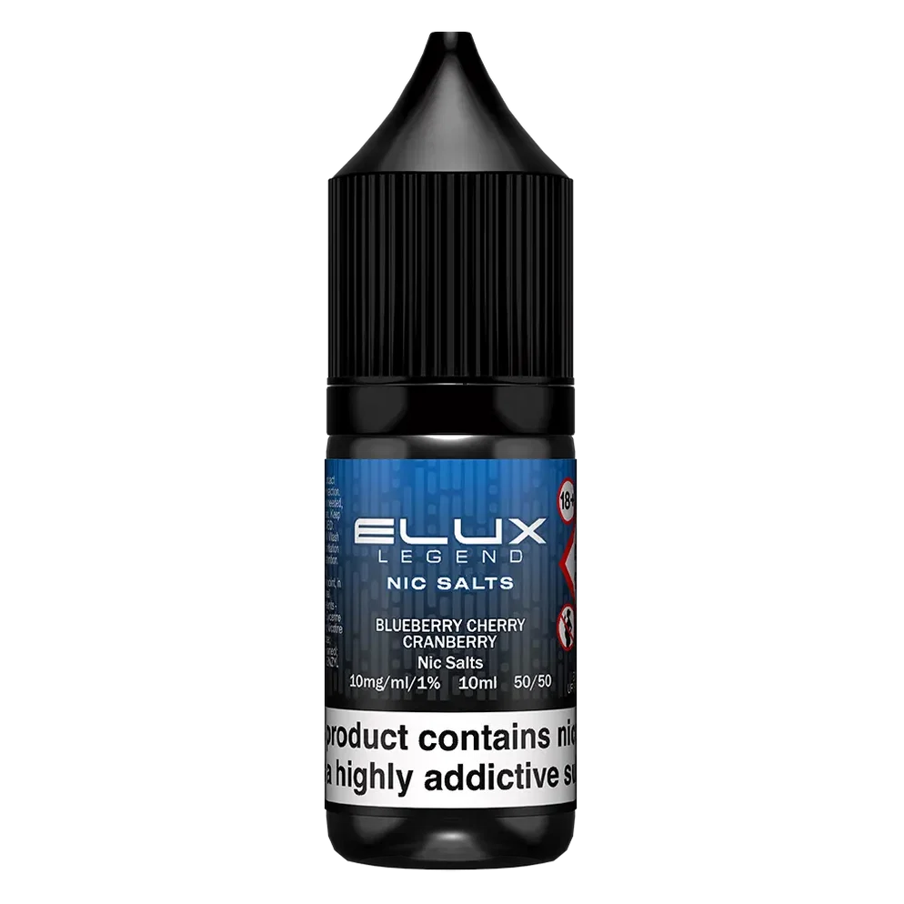 Elux Legend Nic Salt 10ml E-Liquid in BLUEBERRY CHERRY CRANBERRY Flavor, a smooth 50/50 VG/PG nicotine salt e-liquid available in 10mg and 20mg strengths.