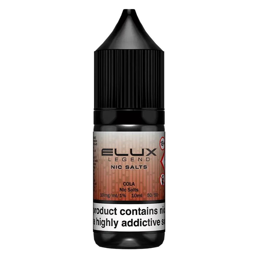 Elux Legend Nic Salt 10ml E-Liquid in COLA Flavor, a smooth 50/50 VG/PG nicotine salt e-liquid available in 10mg and 20mg strengths.