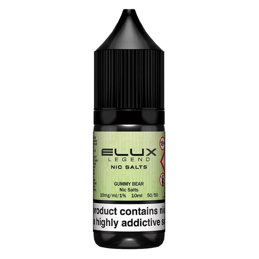 Elux Legend Nic Salt 10ml E-Liquid in GUMMY BEAR Flavor, a smooth 50/50 VG/PG nicotine salt e-liquid available in 10mg and 20mg strengths.