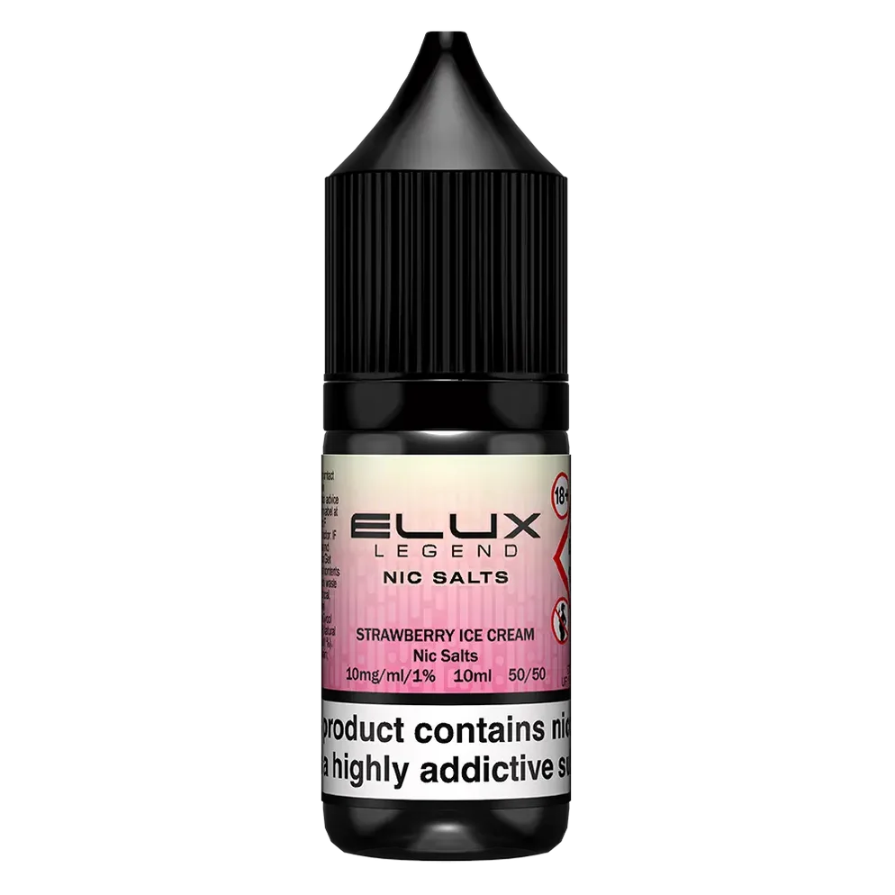 Elux Legend Nic Salt 10ml E-Liquid in STRAWBERRY ICE CREAM Flavor, a smooth 50/50 VG/PG nicotine salt e-liquid available in 10mg and 20mg strengths.