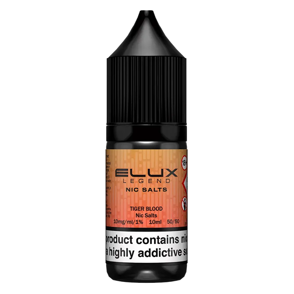 Elux Legend Nic Salt 10ml E-Liquid in TIGER BLOOD Flavor, a smooth 50/50 VG/PG nicotine salt e-liquid available in 10mg and 20mg strengths.