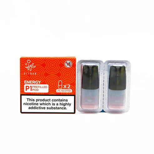 Pack of 2 Elf Bar Mate P1 prefilled pods in Energy flavor, inspired by classic energy drink taste with a sweet and tangy kick, designed for use with the Elf Bar Mate device for a bold and refreshing vaping experience