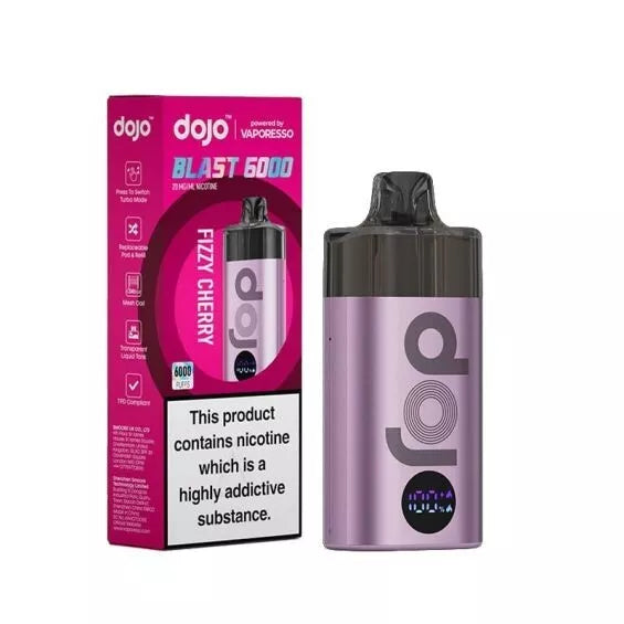 Vaporesso Dojo Blast 6000 puffs vape kit in Fizzy Cherry, featuring a sleek rechargeable design with 6k BIG Puff capacity, mesh coil technology for enhanced flavor, long-lasting battery, and user-friendly draw activation.