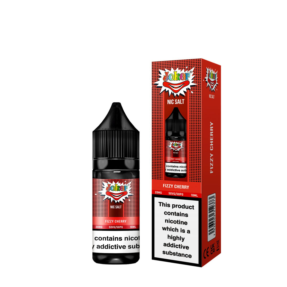 10ml bottle of Joker Nic Salts E-Liquid in Fizzy Cherry flavor, smooth nicotine salt formula designed for a satisfying throat hit, ideal for use with refillable pod vape kits.
