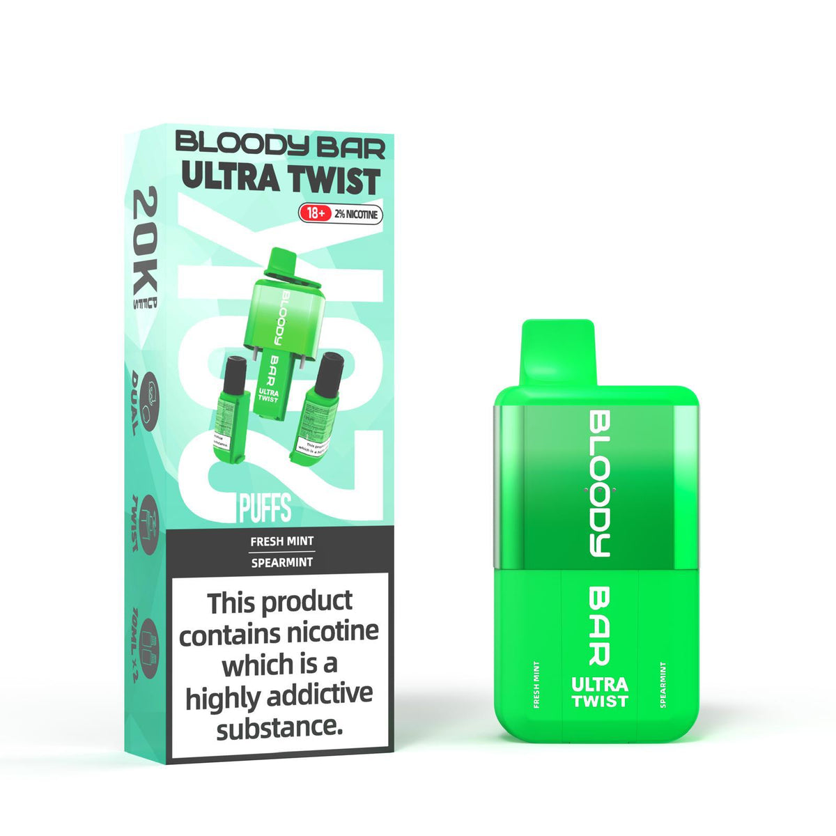 Bloody Bar Ultra Twist Disposable Vape – 20,000 puffs, available in Fresh Mint or Spearmint flavors.