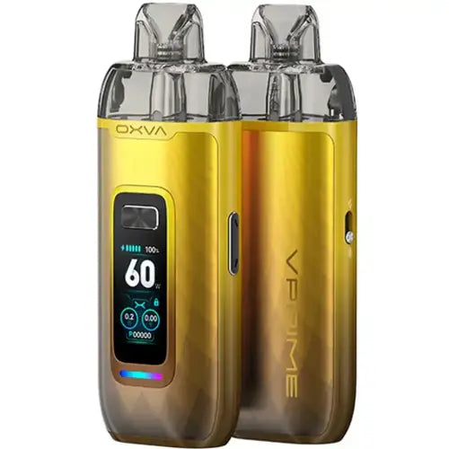 OXVA VPrime Pod Kit in Glorious Gold – premium vape device with a  smart display, and adjustable airflow for a customizable vaping experience.