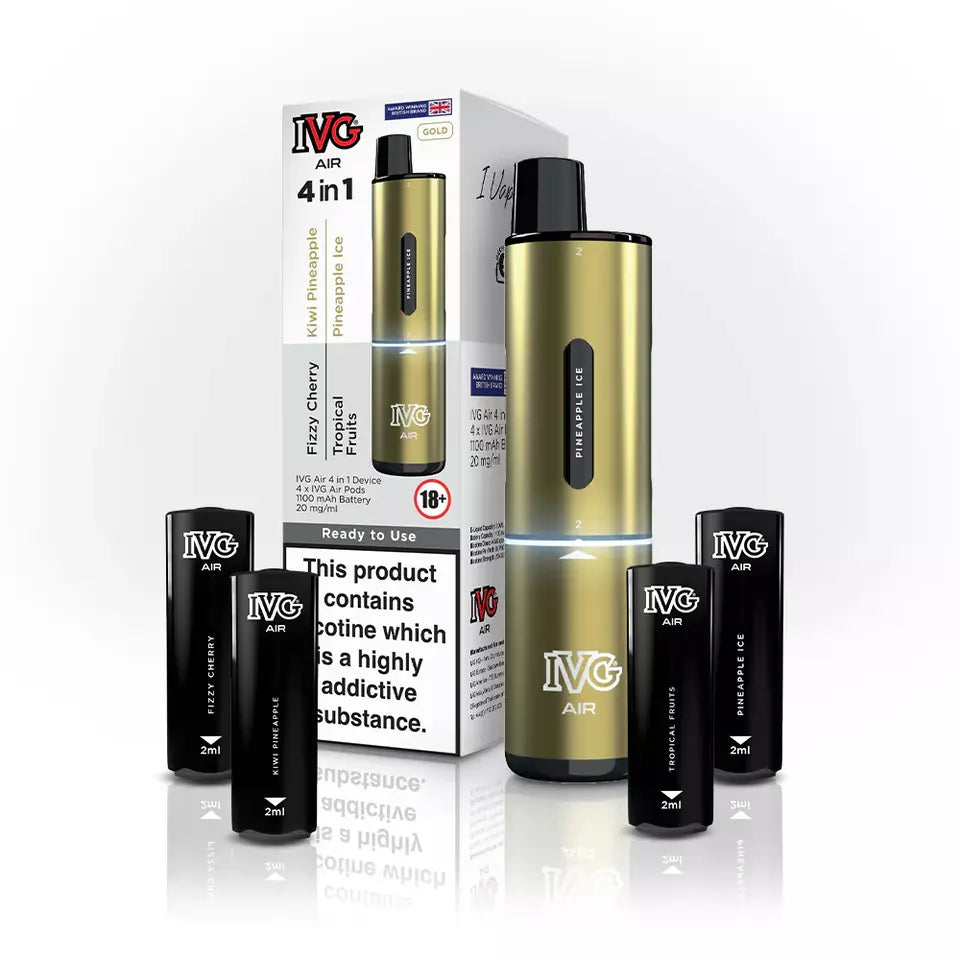 IVG 2400 AIR 4-in-1 starter kit disposable vape in Gold, featuring four interchangeable 2ml pods, up to 2400 puffs, compact ergonomic design, and easy draw-activation for a convenient all-in-one vaping experience.