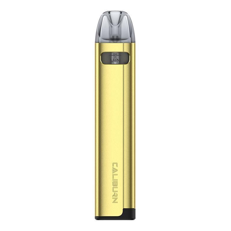 UWELL Caliburn A2S Pod Kit in Gold – slim and elegant pod vape with a draw-activated design, LED light indicator, and leak-resistant pods with Pro-FOCS technology for smooth flavor delivery.