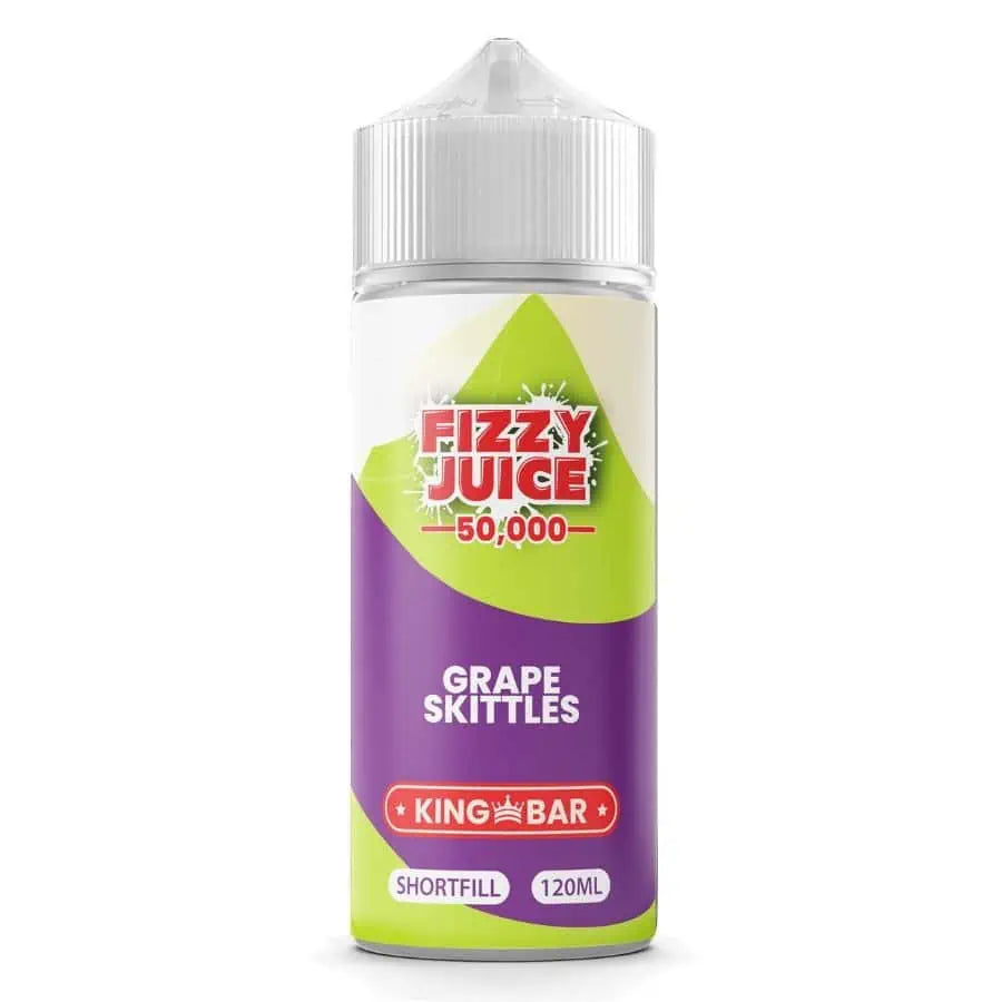 100ml shortfill bottle of Fizzy Juice 50000 E-Liquid in Grape Skittles flavor, nicotine-free with space for nic shots, ideal for sub-ohm devices and cloud chasing.