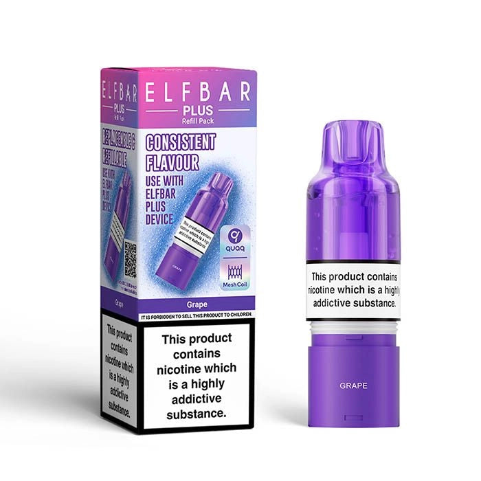 Elf Bar Plus 12 Prefilled Pod & Refill in grape – rechargeable vape with a 2ml prefilled pod, 8ml refill container, and 0.8Ω QUAQ mesh coil.
