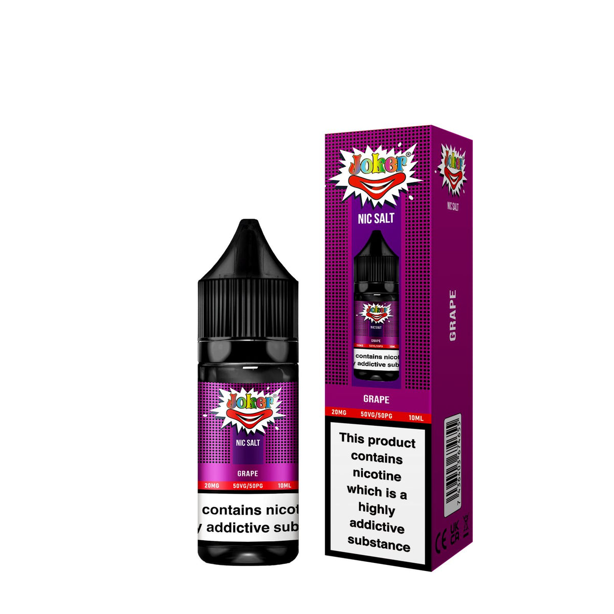 10ml bottle of Joker Nic Salts E-Liquid in Grape flavor, smooth nicotine salt formula designed for a satisfying throat hit, ideal for use with refillable pod vape kits.