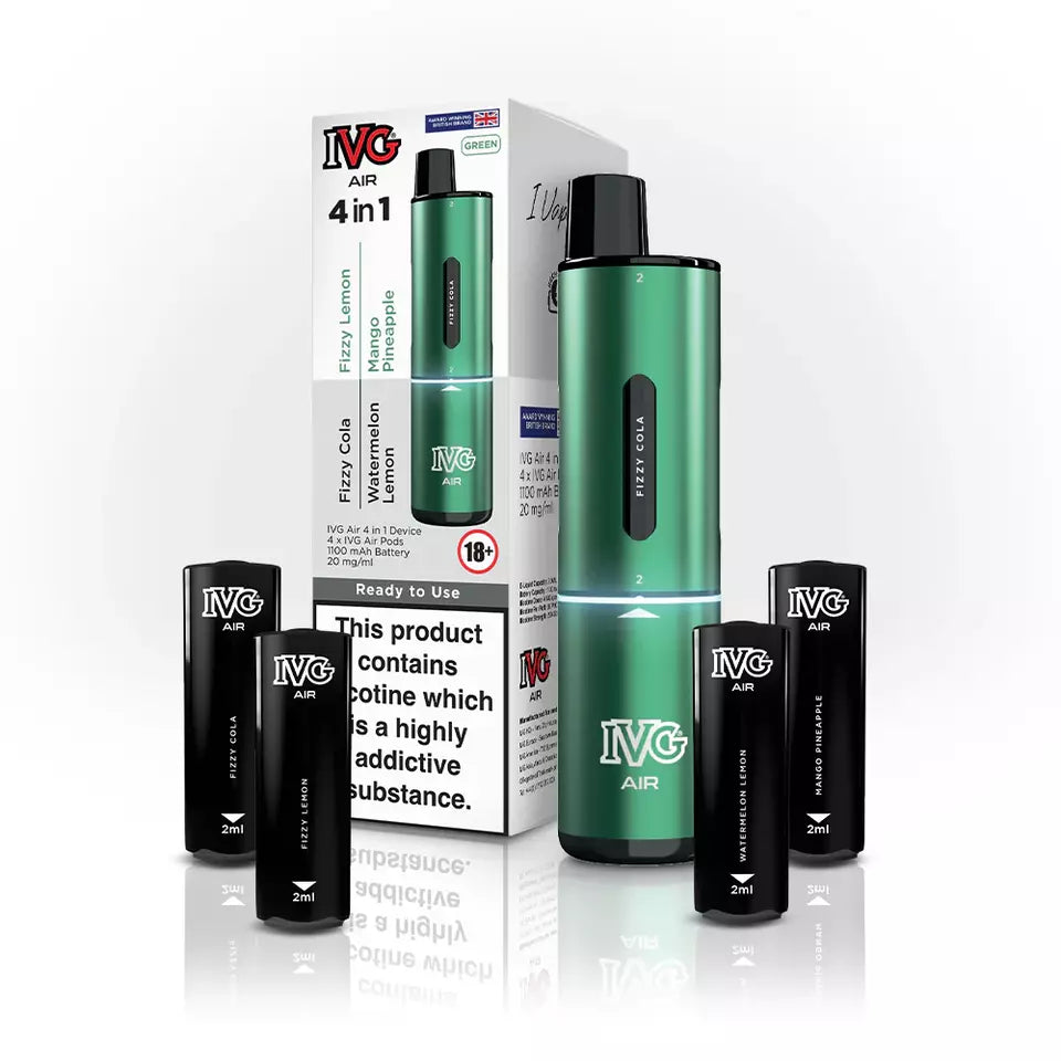 IVG 2400 AIR 4-in-1 starter kit disposable vape in Green, featuring four interchangeable 2ml pods, up to 2400 puffs, compact ergonomic design, and easy draw-activation for a convenient all-in-one vaping experience.