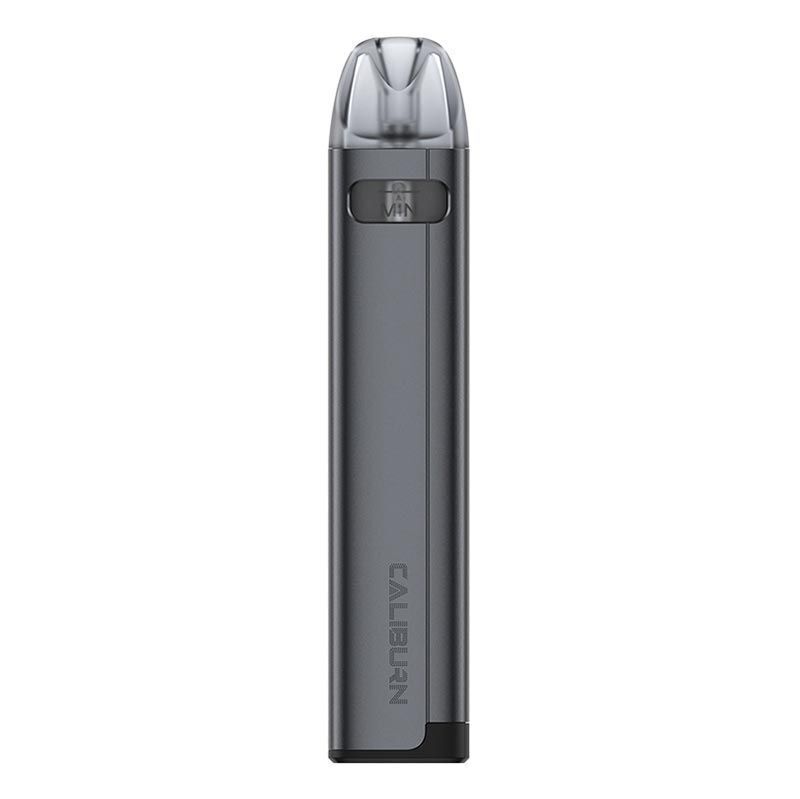 UWELL Caliburn A2S Pod Kit in Grey – slim and elegant pod vape with a draw-activated design, LED light indicator, and leak-resistant pods with Pro-FOCS technology for smooth flavor delivery.