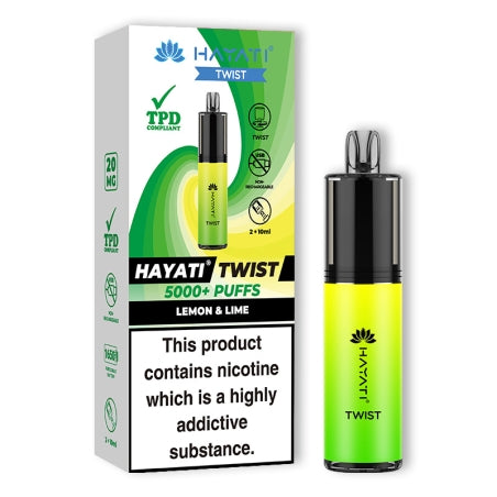 HAYATI TWIST 5000 Disposable Vape Pod Kit in Lemon Lime – compact and stylish disposable vape with up to 5,000 puffs.