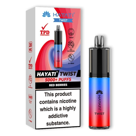 HAYATI TWIST 5000 Disposable Vape Pod Kit in Red Berries – compact and stylish disposable vape with up to 5,000 puffs.