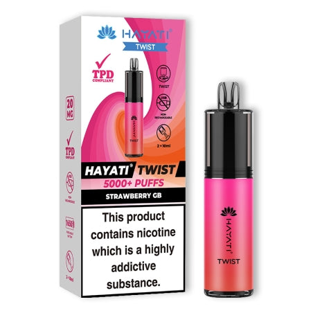 HAYATI TWIST 5000 Disposable Vape Pod Kit in Strawberry GB – compact and stylish disposable vape with up to 5,000 puffs.